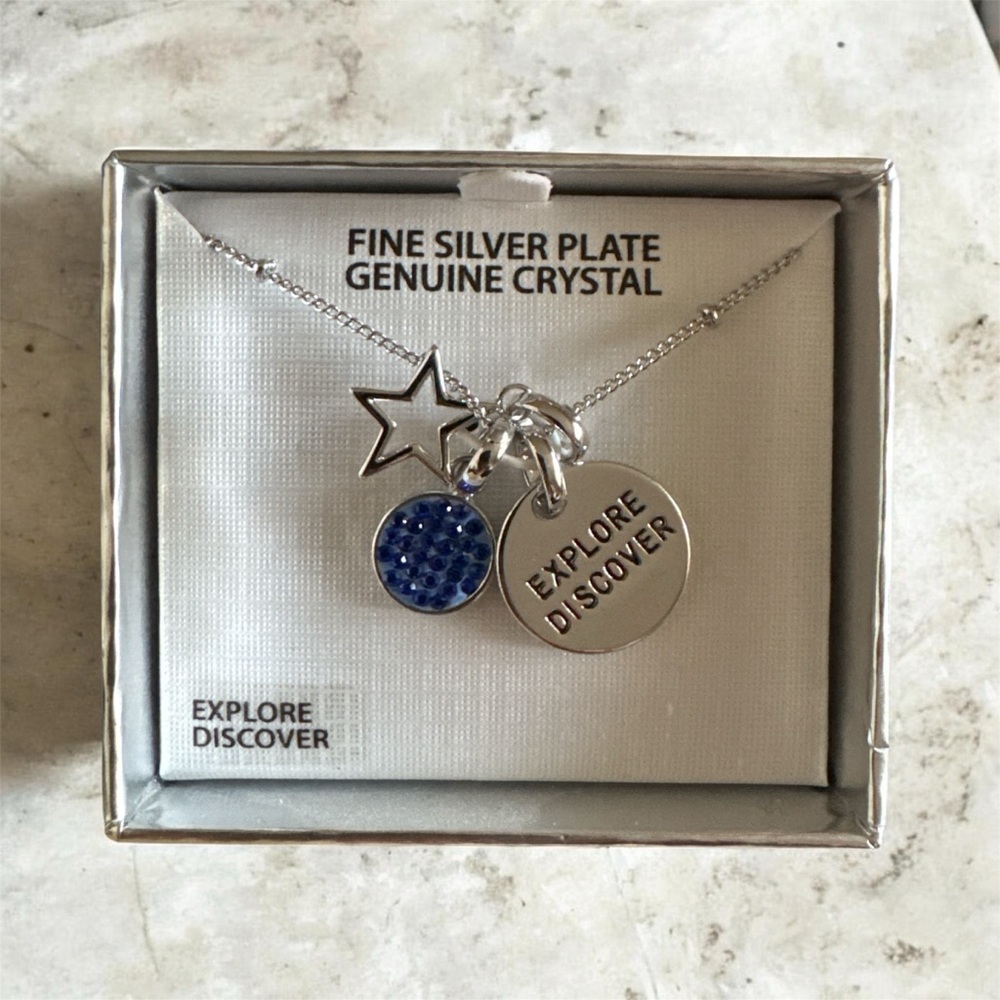 Explore Discover Silver Plate Necklace with Blue Crystal Charm